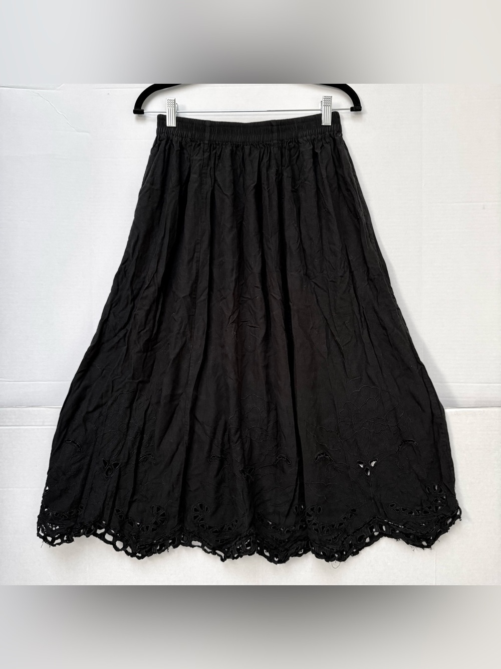 MAXI SKIRT EMBROIDERED BLACK EYELET HEM RAYON ELASTIC WAIST SIZE XL